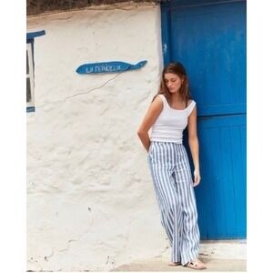 Striped Linen-Blend Wide Leg Pants - Blue/White